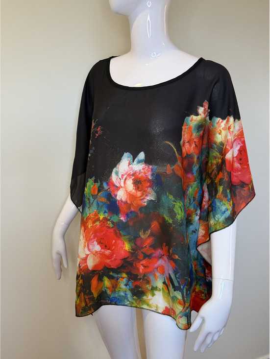 Other - Magazine Women's Black Floral Chiffon Batwing Top Size M Sheer Flowy Blouse